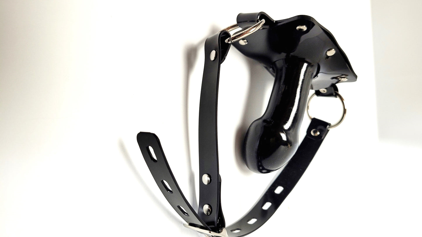 Huge Penis Panel Gag in Black PVC