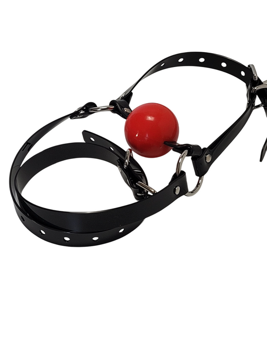 Ballgag with long neck strap in black PVC -Vegan