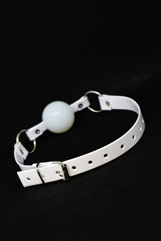 White Silicon Ball Gag with PVC white strap -Lockable -Vegan