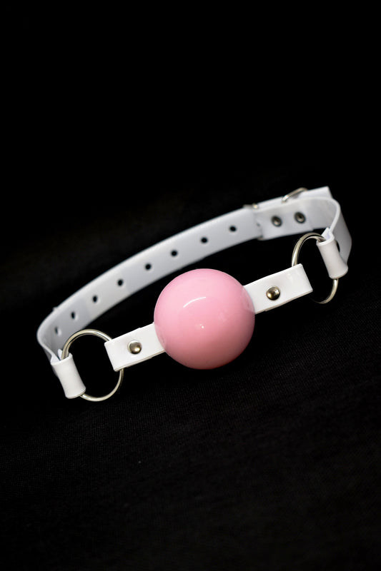 Pink Silicon Ball Gag with PVC white strap -Lockable -Vegan