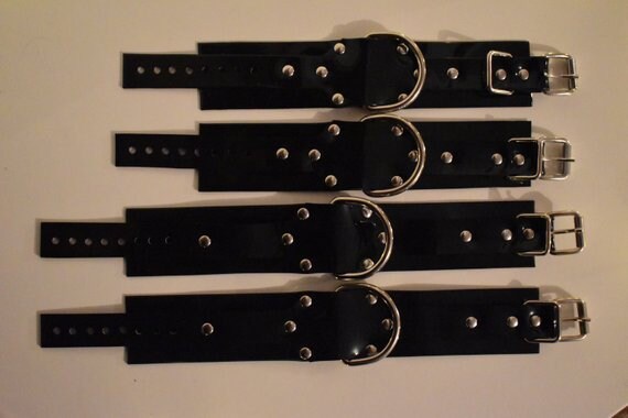 Black PVC bondage cuff set x4 hand and feet HEAVY DUTY