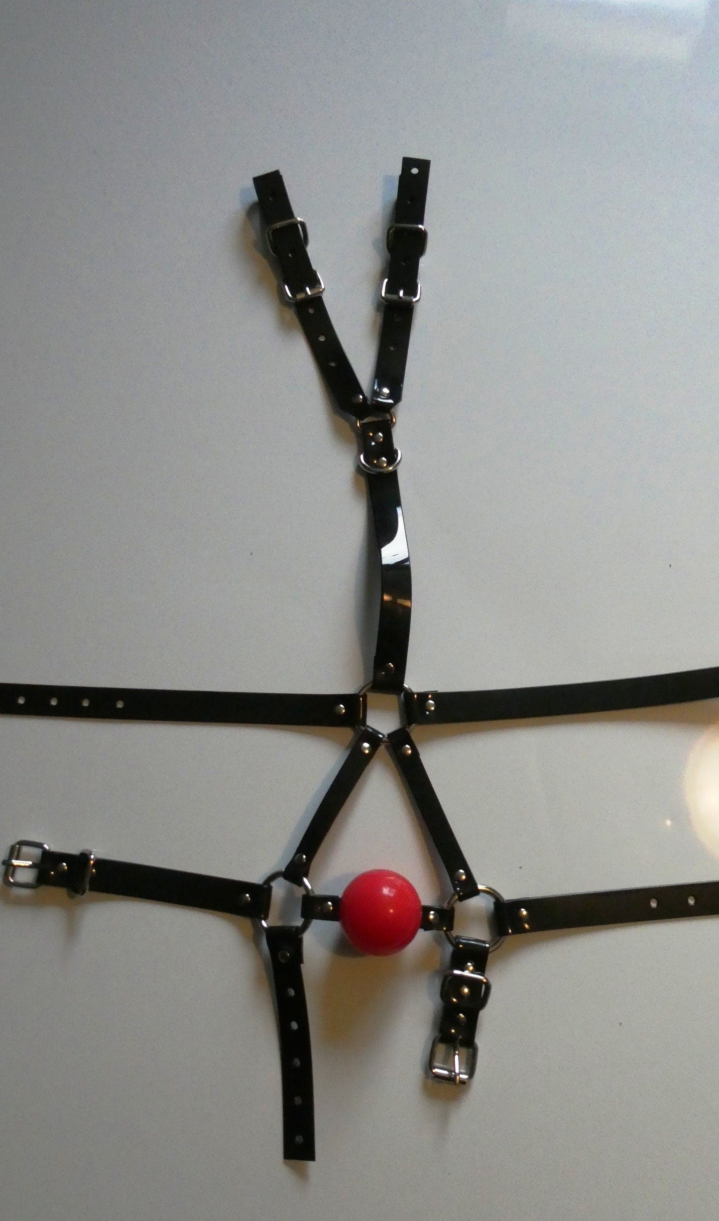 13 in 1 Harness ballgag in black PVC strap -Lockable -Vegan