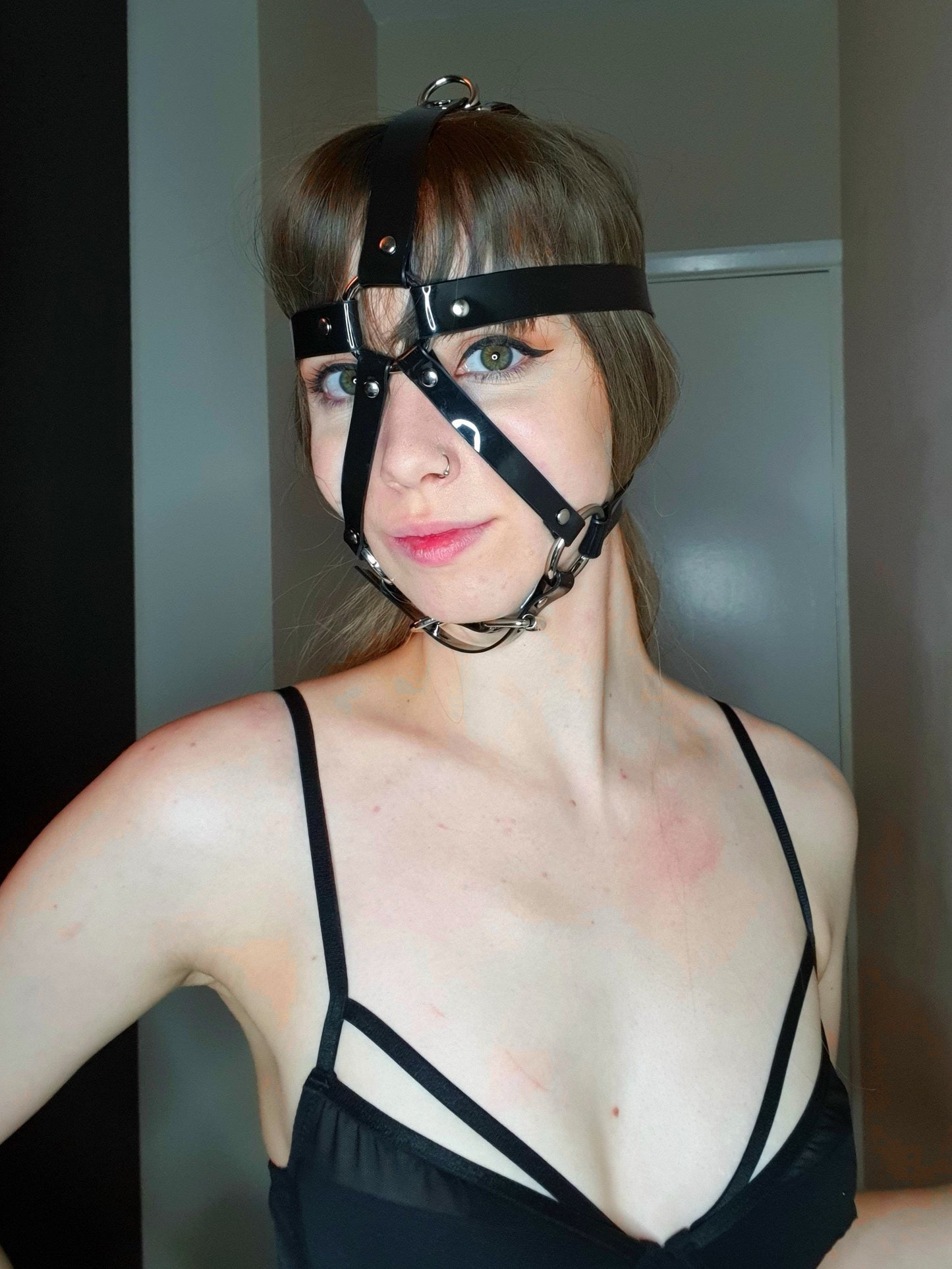 13 in 1 Harness ballgag in black PVC strap -Lockable -Vegan