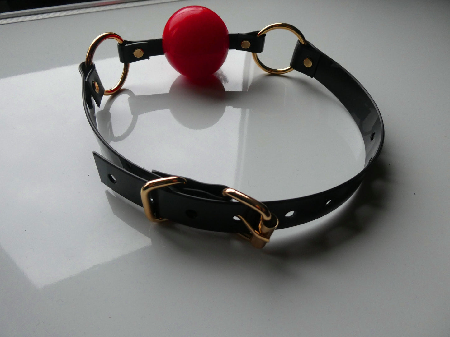Black and Gold Silicon Ball Gag with PVC black strap -Lockable -Vegan