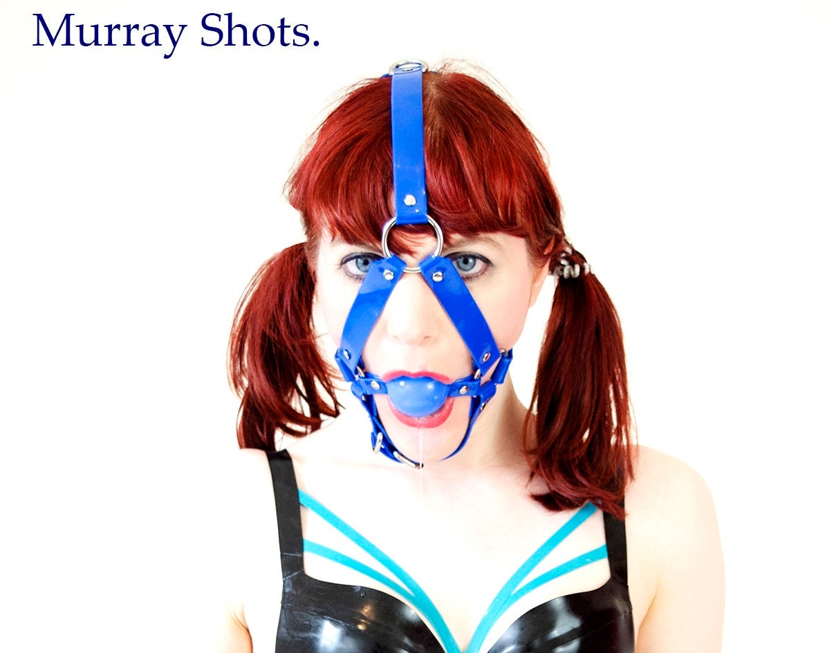 Harness ballgag type 1 in Blue PVC strap -Lockable -Vegan