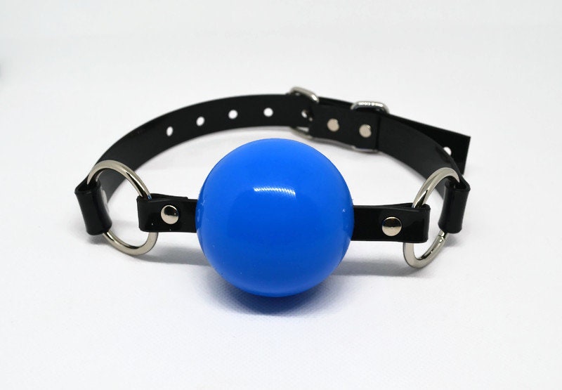 Huge (56 or 52 mm) Blue silicon ball gag with PVC strap -Lockable -Vegan