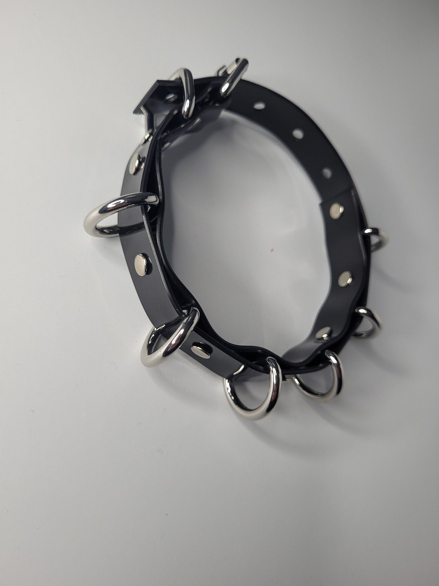 Black PVC neck collar multiple D ring inspired by Rhea Ripley