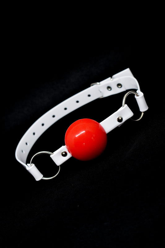 Red Silicon Ball Gag with PVC white strap -Lockable -Vegan