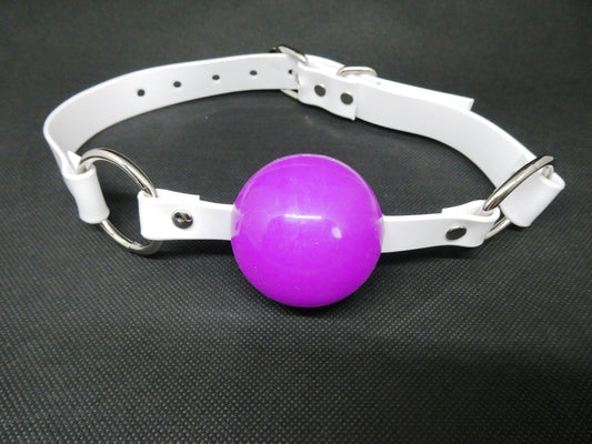 Purple Silicon Ball Gag with PVC white strap -Lockable -Vegan