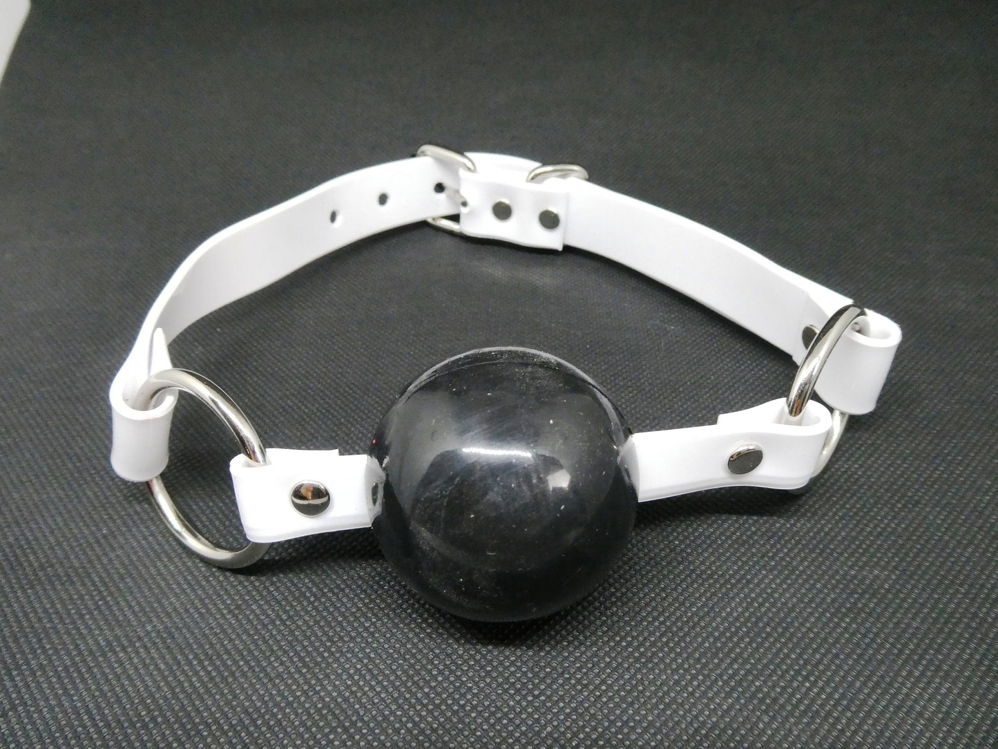 Black Silicon Ball Gag with PVC white strap -Lockable -Vegan