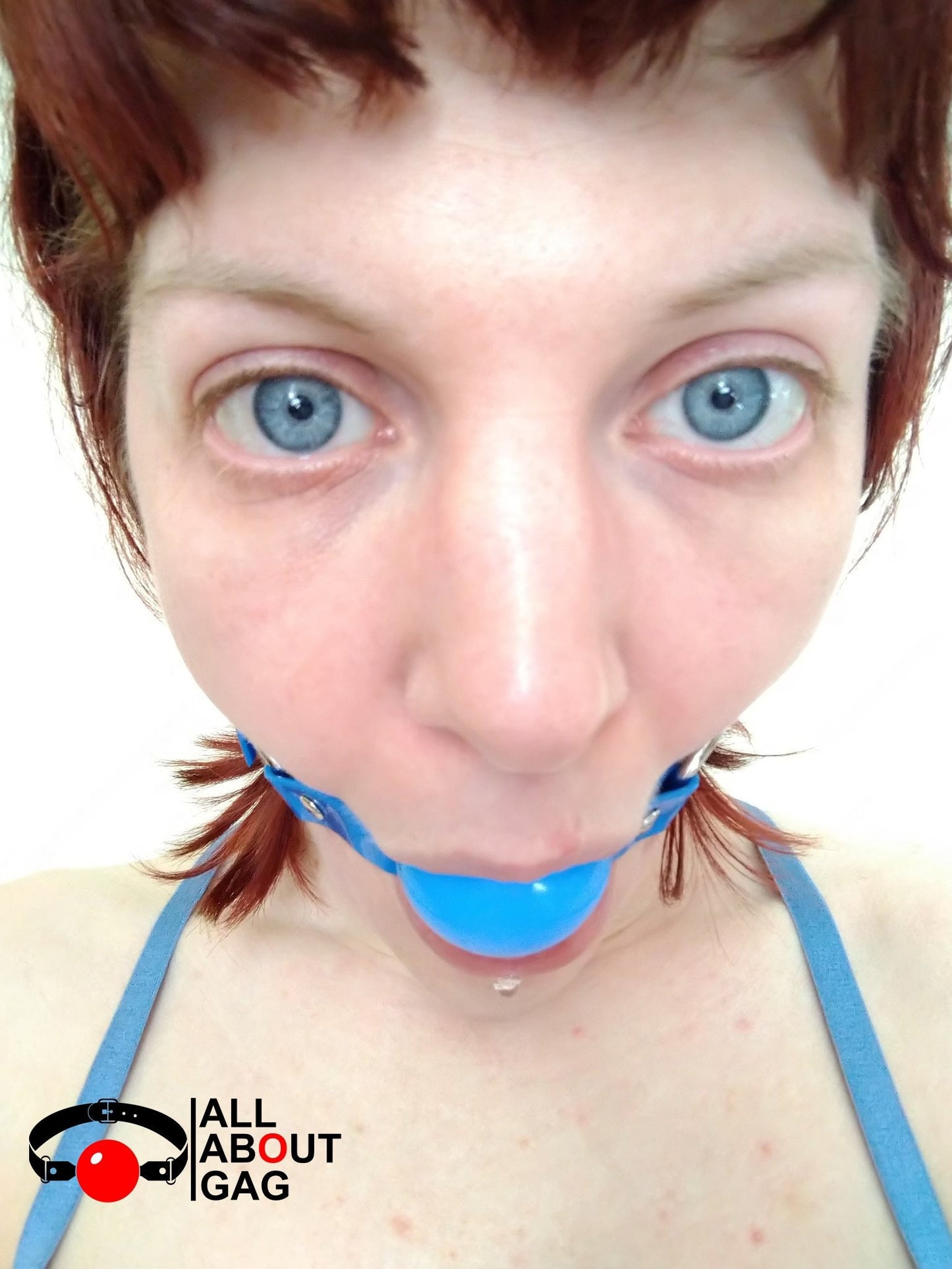 Blue Silicon Ball Gag with PVC red strap -Lockable -Vegan