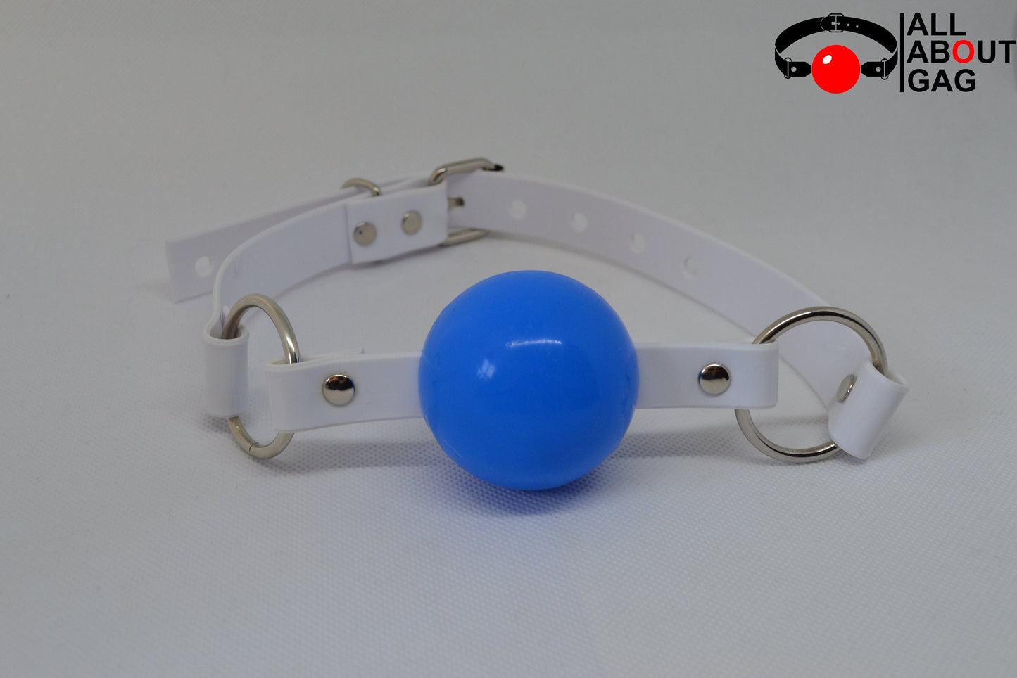 Blue Silicon Ball Gag with PVC white strap -Lockable -Vegan