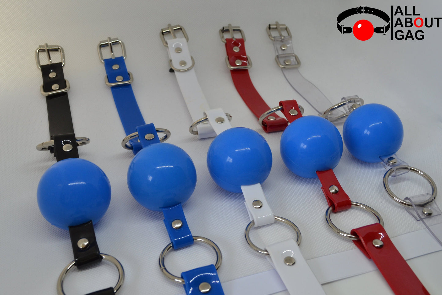 Blue Silicon Ball Gag with PVC white strap -Lockable -Vegan