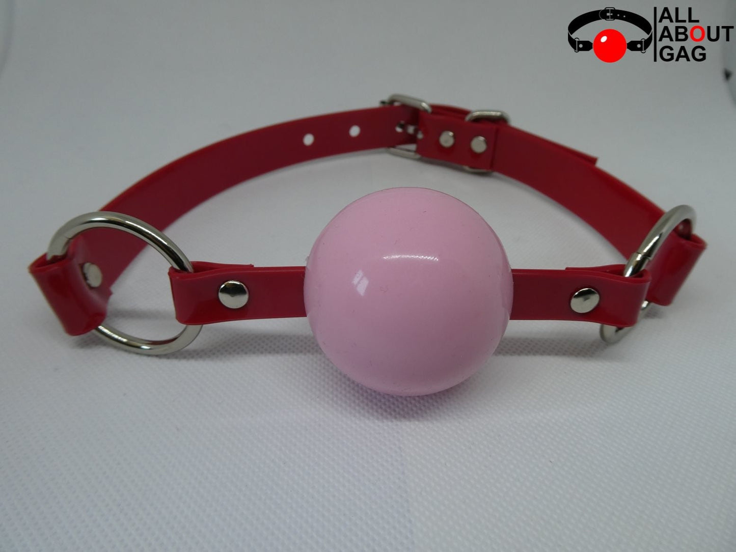 Pink Silicon Ball Gag with PVC red strap -Lockable -Vegan