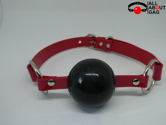 Black Silicon Ball Gag with PVC red strap -Lockable -Vegan