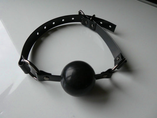 Full Black Silicon Ball Gag with PVC black strap -Lockable -Vegan