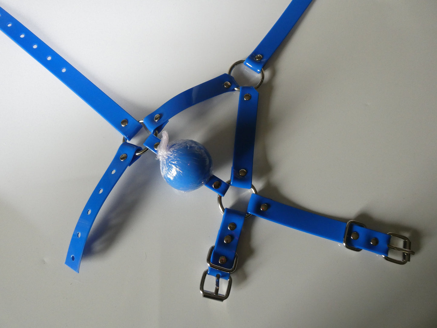 Harness ballgag type 1 in Blue PVC strap -Lockable -Vegan