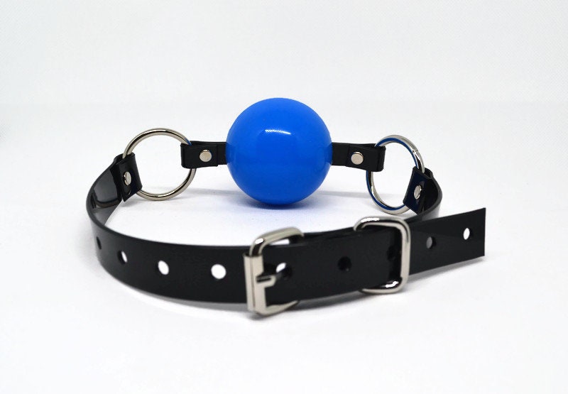 Huge (56 or 52 mm) Blue silicon ball gag with PVC strap -Lockable -Vegan